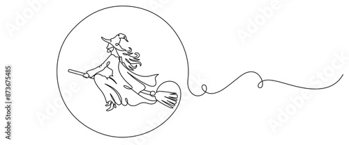 halloween witch with flying broomstick,line art style.vector haloween elements