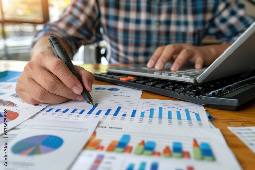 Businesspeople engage in planning and strategy analysis using a financial document report, capturing the essence of office concepts. Businesspeople engage in planning and strategy analysis using a financial document report, capturing the essence of office concepts.