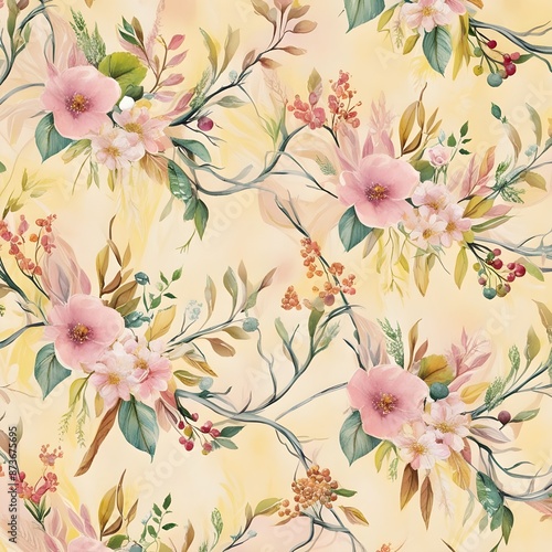 Wallpaper Mural Flower seamless pattern with abstract floral branches with leaves, blossom flowers and berries. Vector nature illustration in vintage watercolor style on light yellow background Generative AI  Torontodigital.ca