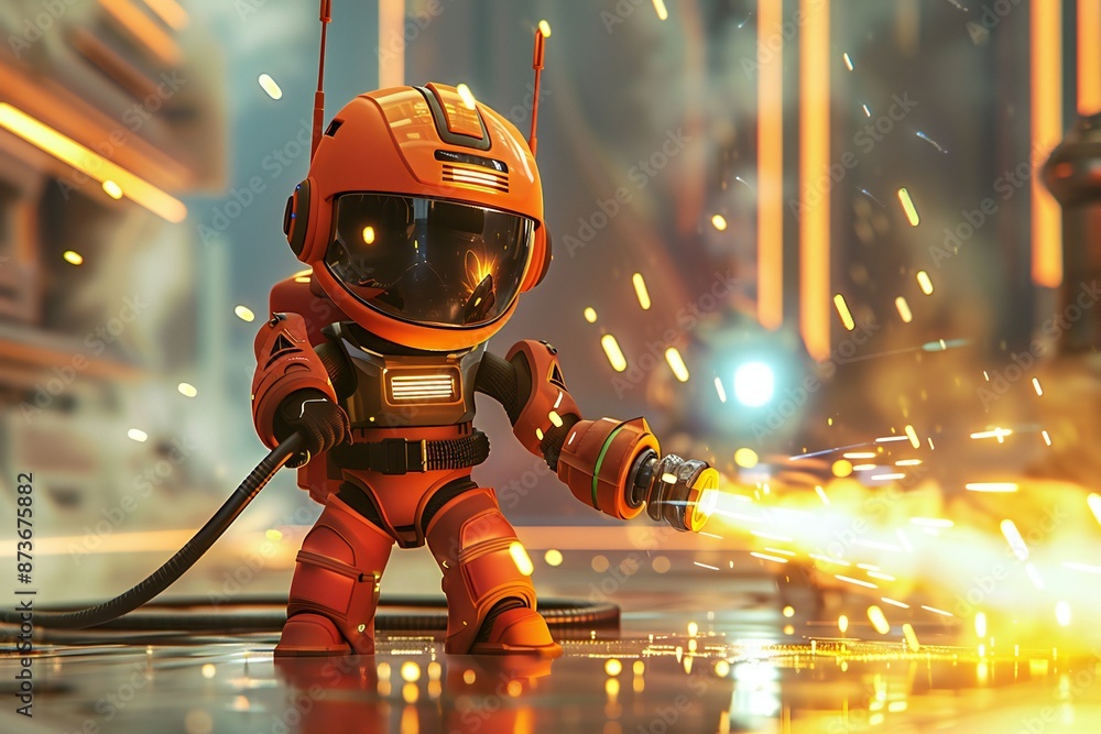 Robot firefighter extinguishing a fire in a futuristic city in 3D render cartoon style , generated by ai Robot firefighter extinguishing a fire in a futuristic city in 3D render cartoon style , generated by ai