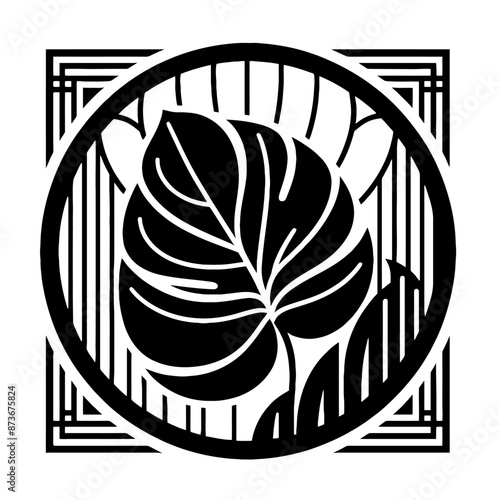 Philodendron plant, tree in decorative emblem ornament, Victorian, art deco, art nouveau, boho, bohemian,  folk, flourish