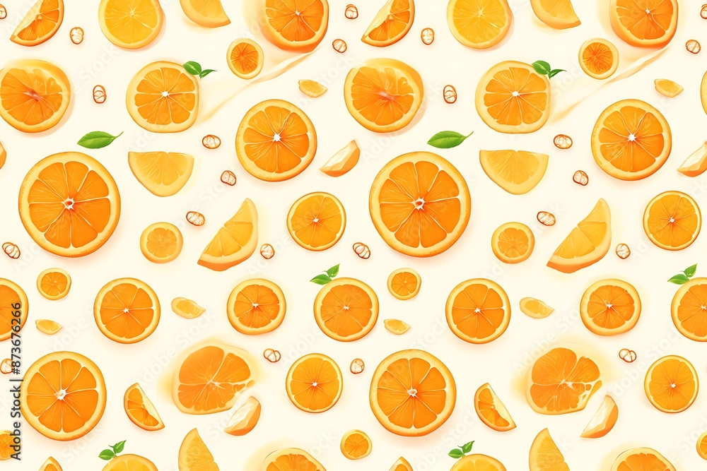 Seamless pattern of fresh orange slices and leaves on light yellow background Seamless pattern of fresh orange slices and leaves on light yellow background