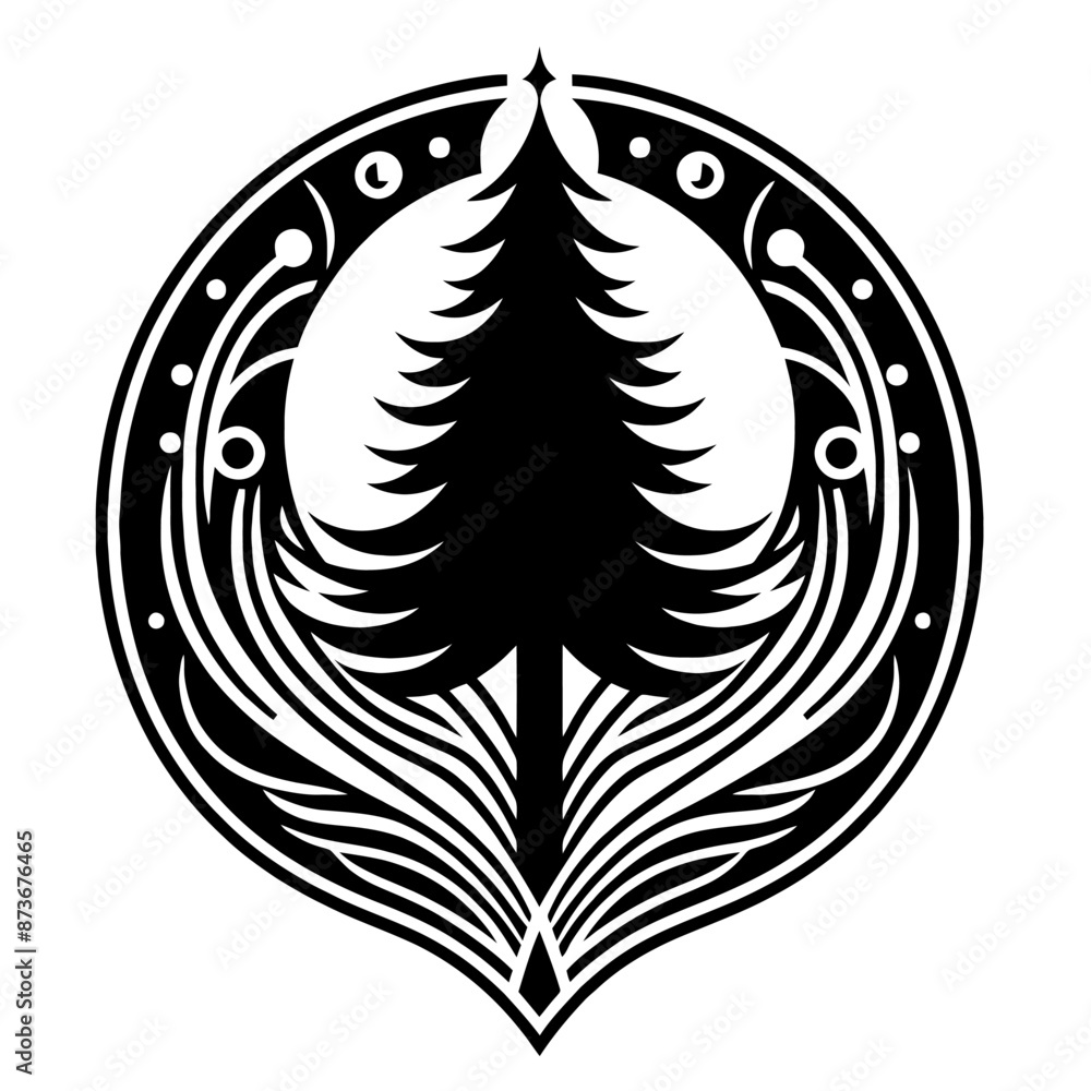 spruce, fin, pine plant, tree in decorative emblem ornament, Victorian, art deco, art nouveau, boho, bohemian, folk, flourish spruce, fin, pine plant, tree in decorative emblem ornament, Victorian, art deco, art nouveau, boho, bohemian, folk, flourish