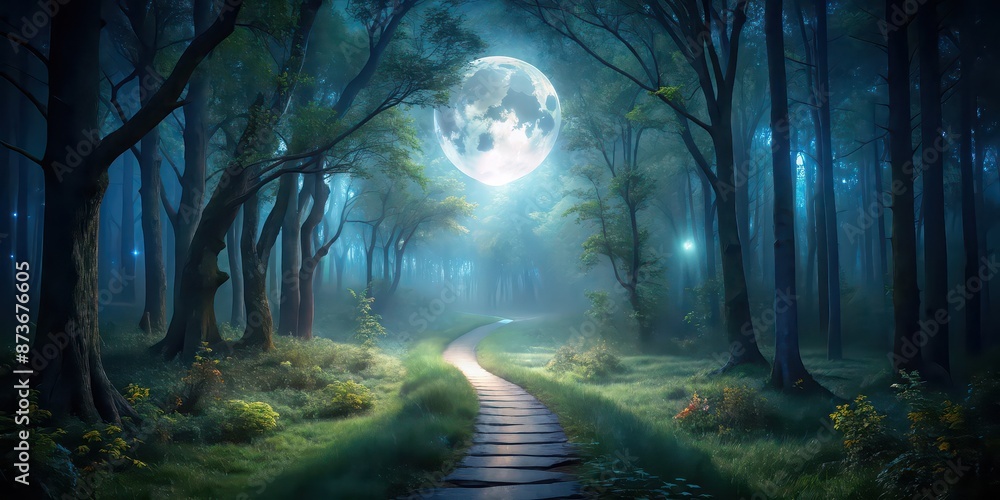 Moonlit Pathway in a dark forest with soft glow from the moon illuminating the winding path, moonlight, pathway, forest Moonlit Pathway in a dark forest with soft glow from the moon illuminating the winding path, moonlight, pathway, forest
