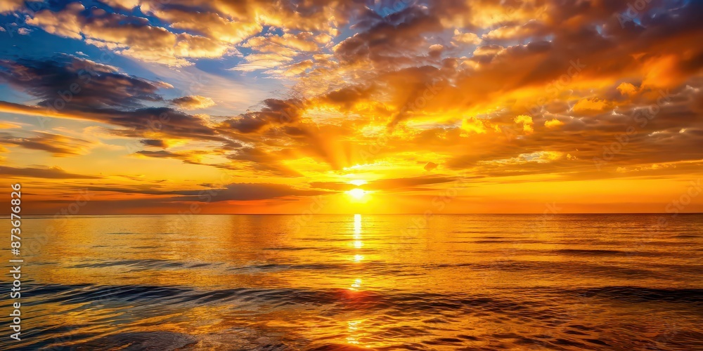 Fototapeta premium Vibrant sunset casting a golden glow over the calm sea, sunset, sea, ocean, horizon, horizon over water, water, nature, scenic