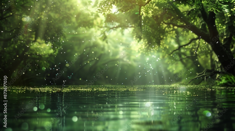 Fototapeta premium Sunbeams pierce a lush green forest floor in a vibrant summer landscape