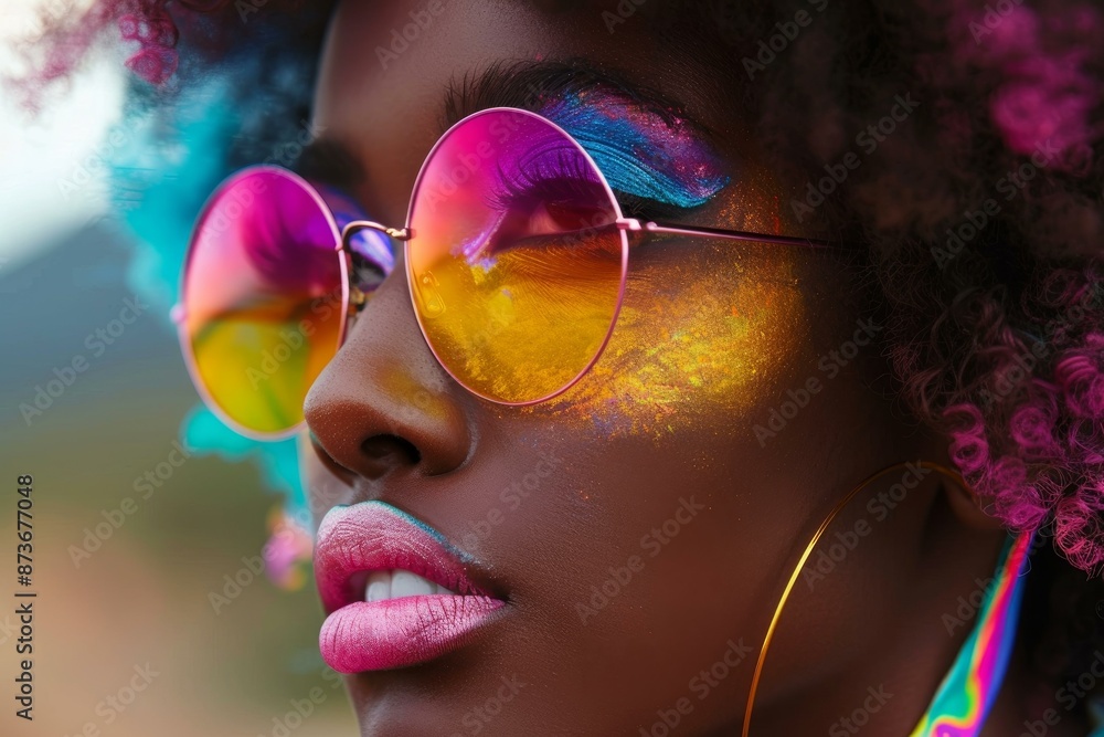 Closeup of a woman with vivid makeup and rainbowtinted sunglasses reflecting light Closeup of a woman with vivid makeup and rainbowtinted sunglasses reflecting light