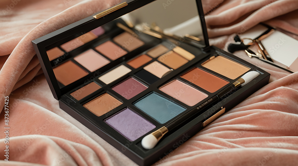 A makeup palette on a plush velvet cushion, highlighting its colors and design. Provided space for branding and descriptive text.
A makeup palette on a plush velvet cushion, highlighting its colors and design. Provided space for branding and descriptive text.