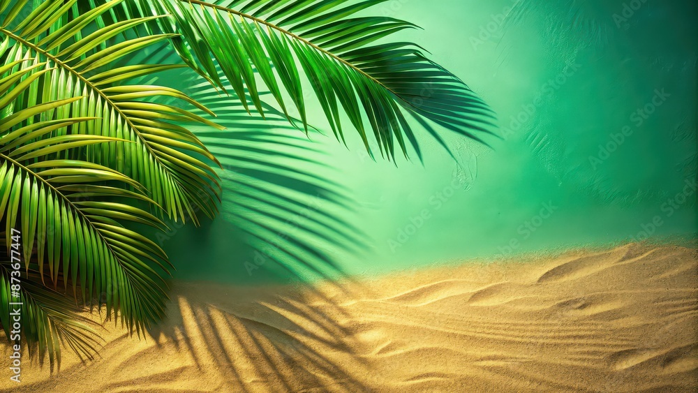 Fototapeta premium Tropical palm plant shadows on smooth green background with beach and summer vacation elements, palm, shadows, green, background