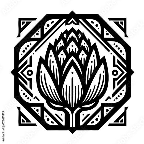 Artichoke vegetable in decorative emblem ornament, Victorian, art deco, art nouveau, boho, bohemian,  folk, flourish