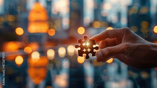 Hand holding a puzzle piece against a dazzling cityscape background with bokeh lights, signifying connection and problem-solving.