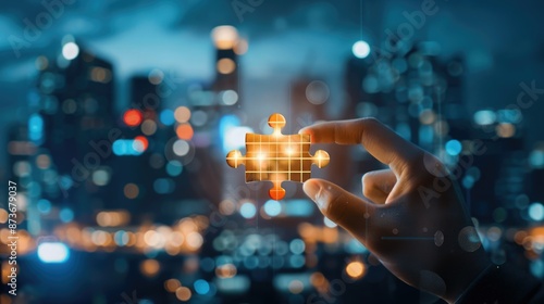 Hand holding illuminated puzzle piece with cityscape background, symbolizing connection and solution in an urban setting, night view.