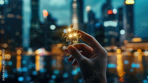 Hand holding a glowing puzzle piece against the backdrop of a cityscape at dusk, symbolizing ideas and innovation.