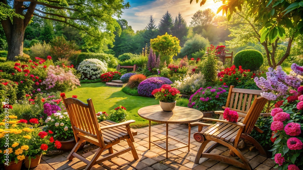 Fototapeta premium Vibrant blooming flowers and lush greenery surround a warm, inviting outdoor setting, evoking feelings of joy and serenity reminiscent of a happy grandmother's presence.