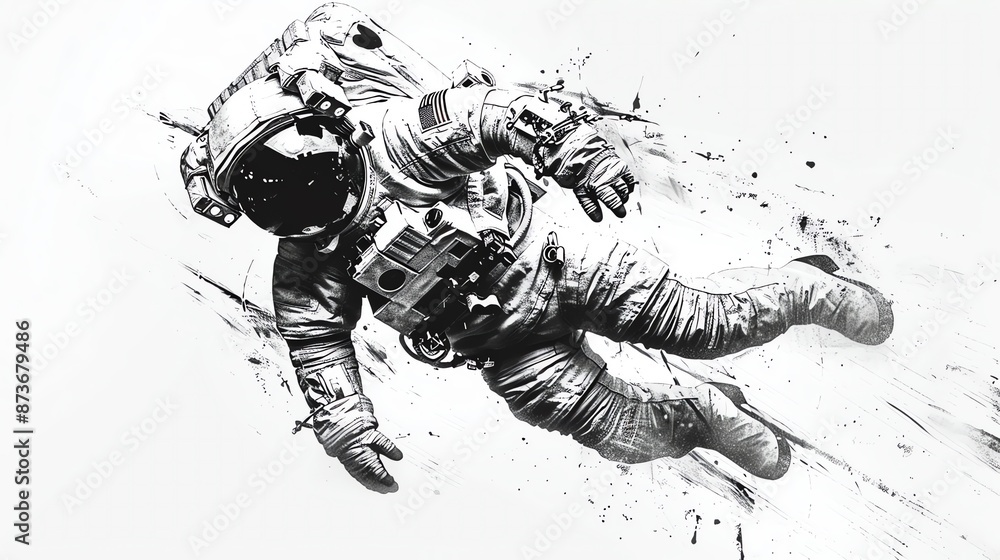 A detailed black and white illustration of an astronaut floating in the vastness of space. A detailed black and white illustration of an astronaut floating in the vastness of space.