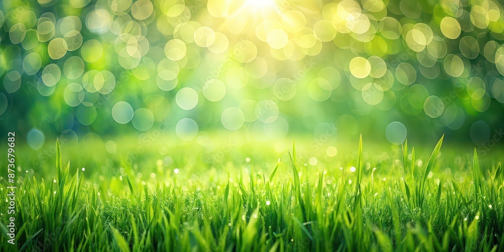 Obraz premium Green grass field in springtime with sunlit bokeh lights in the background, spring, summer, background, fresh, green