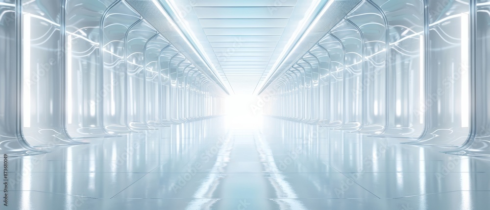 Obraz premium Blue light streaks flow through a digital tunnel in this futuristic office building illustration
