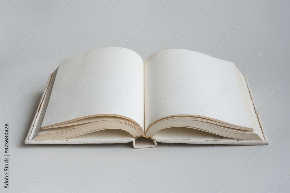An elegant white hardcover book with blank pages lies open, its pristine and minimalist design perfect for conveying purity and simplicity. An elegant white hardcover book with blank pages lies open, its pristine and minimalist design perfect for conveying purity and simplicity.