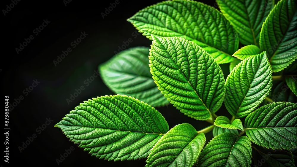 Close-up of green leaves isolated on a black background, foliage, nature, texture, botany, abstract, dark Close-up of green leaves isolated on a black background, foliage, nature, texture, botany, abstract, dark