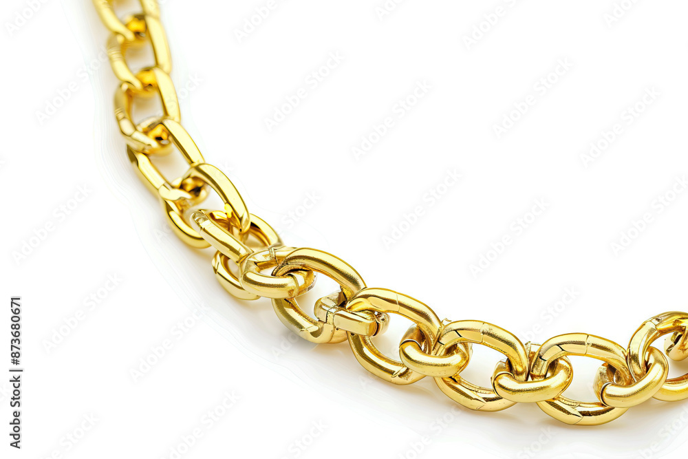 Fototapeta premium Close-up of a gold chain with interlocking links, displayed against a white background, 