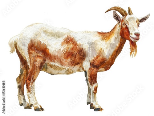 Watercolor illustration of a goat standing, showcasing detailed textures of its fur and horns in a realistic artistic style.