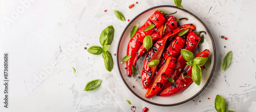 Grilled or fire roasted red bell pepper slice grilled bell pepper strips white background top view on the plate