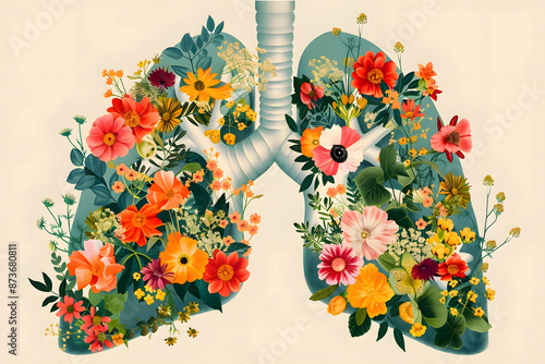 Human lungs made with colorful flowers. Vibrant flora. Tiny ecosystem.