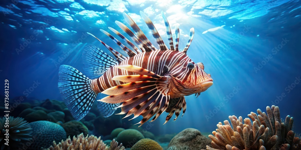 Beautiful lionfish gracefully swimming in the sea , underwater, marine life, colorful, exotic, ocean, reef, wildlife, fish Beautiful lionfish gracefully swimming in the sea , underwater, marine life, colorful, exotic, ocean, reef, wildlife, fish
