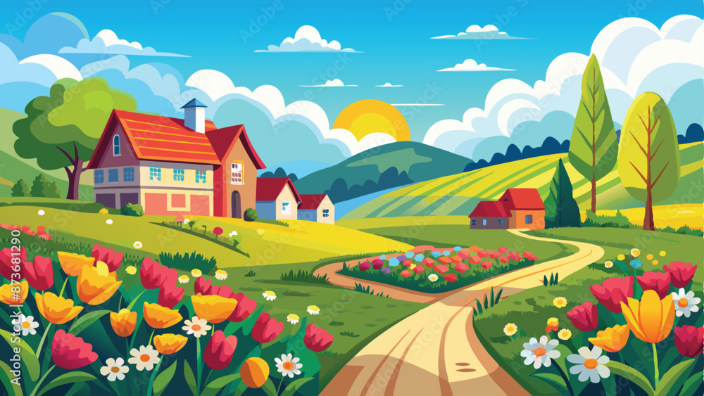 Fototapeta premium Spring landscape in flower field on sunny Day, Panorama outing in countryside in spring with blue sky and clouds. 