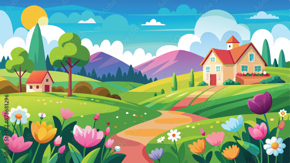 Spring landscape in flower field on sunny Day, Panorama outing in countryside in spring with blue sky and clouds. Spring landscape in flower field on sunny Day, Panorama outing in countryside in spring with blue sky and clouds.