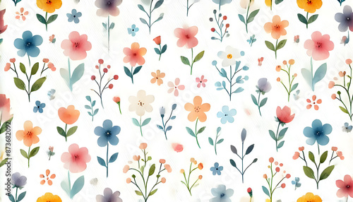 A seamless and minimalistic watercolor floral pattern featuring simple and adorable flowers in vibrant and pastel tones.
