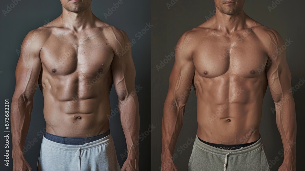 Fototapeta premium A beforeandafter photo series of a persons body composition showing the impact of cold exposure on fat loss and muscle gain.