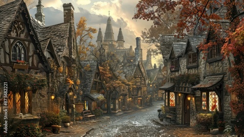 Fototapeta Naklejka Na Ścianę i Meble -  A small town with a cobblestone street and houses with red roofs