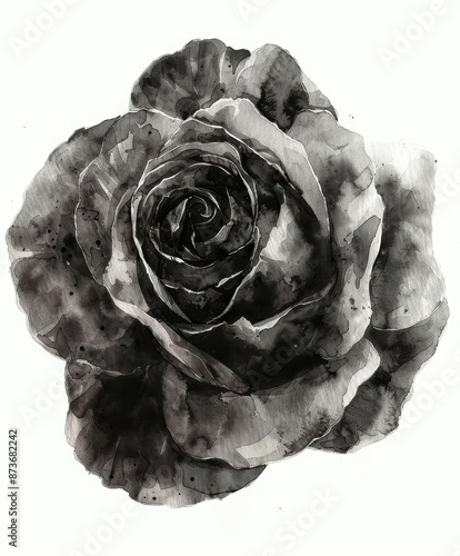 A black rose in graceless, showcasing detailed artistic expression and texture. Monochrome watercolor painting.