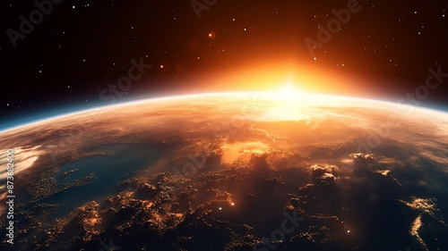 Panoramic view of the Earth, sun, star, and galaxy. Sunrise over planet Earth, Generative AI.