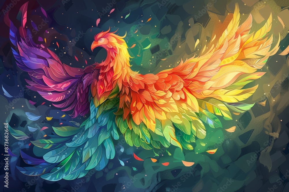 Obraz premium Colorful phoenix with detailed rainbow feathers against dark background. Represents LGBTQ+ pride, renewal, resilience. Vibrant hues and intricate details convey strength, hope, acceptance.