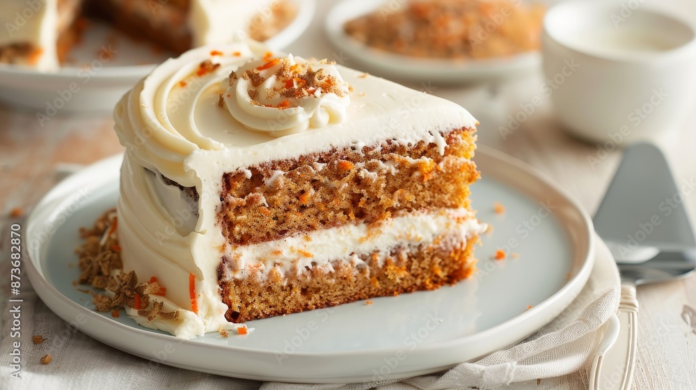 A delicious slice of carrot cake with cream cheese frosting on a white plate, perfect for dessert lovers and special occasions. A delicious slice of carrot cake with cream cheese frosting on a white plate, perfect for dessert lovers and special occasions.