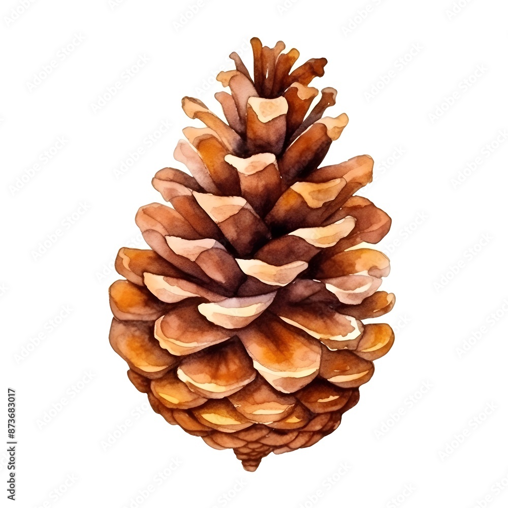 Detailed Watercolor of a Warm Autumn Pinecone on White Background Detailed Watercolor of a Warm Autumn Pinecone on White Background
