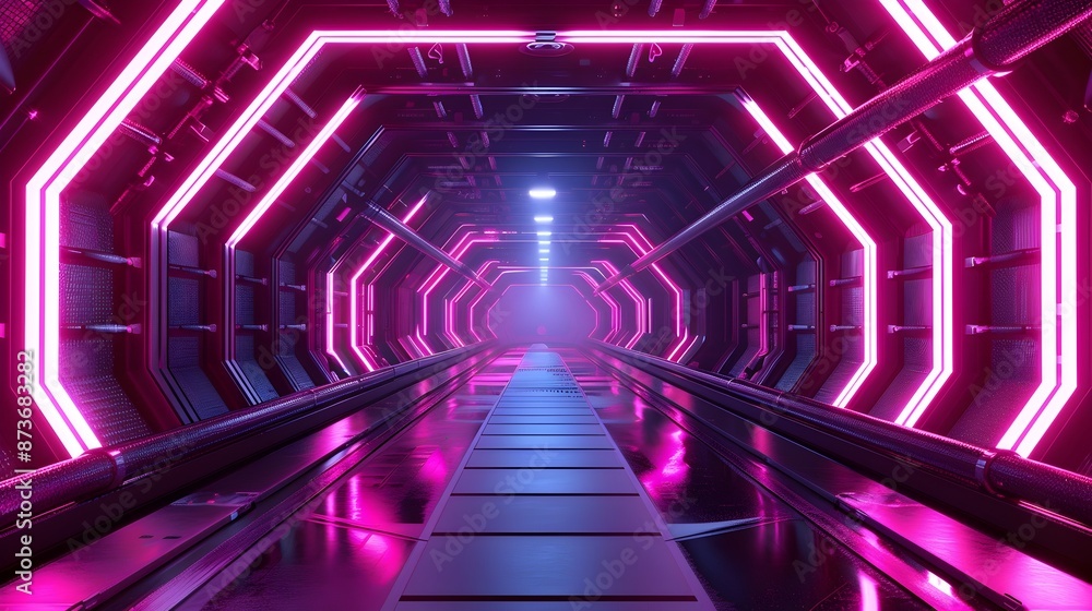 Futuristic Steel Frame Tunnel with Vibrant Neon Lights and Advanced Materials Futuristic Steel Frame Tunnel with Vibrant Neon Lights and Advanced Materials
