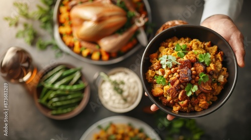 Wallpaper Mural A delicious Thanksgiving meal with roasted turkey, green beans, and a bowl of savory stuffing garnished with fresh herbs. Torontodigital.ca