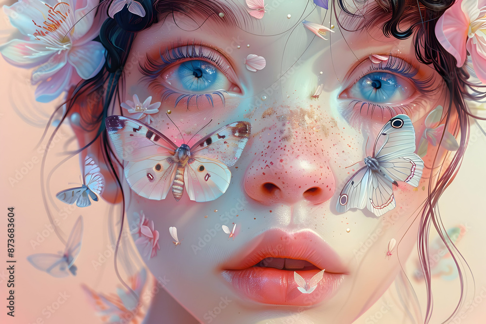Digital Illustration of a Girl with Butterflies Digital Illustration of a Girl with Butterflies
