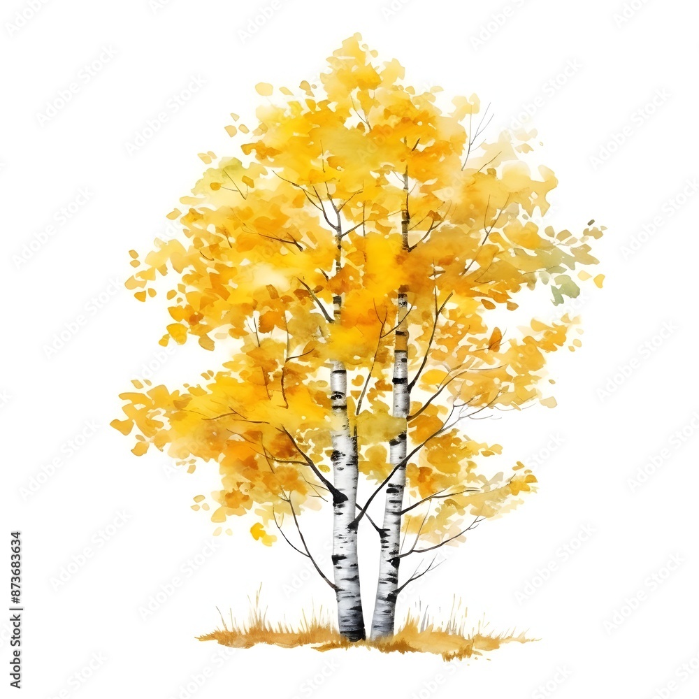 Vibrant Autumn Birch Tree with Yellow Foliage Watercolor Vibrant Autumn Birch Tree with Yellow Foliage Watercolor