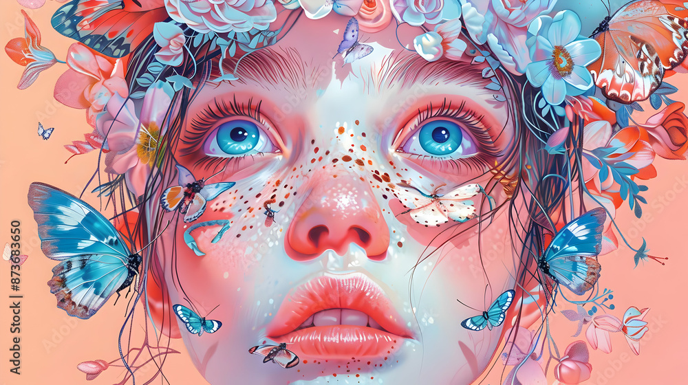 Digital Illustration of a Woman with Flowers and Butterflies Digital Illustration of a Woman with Flowers and Butterflies