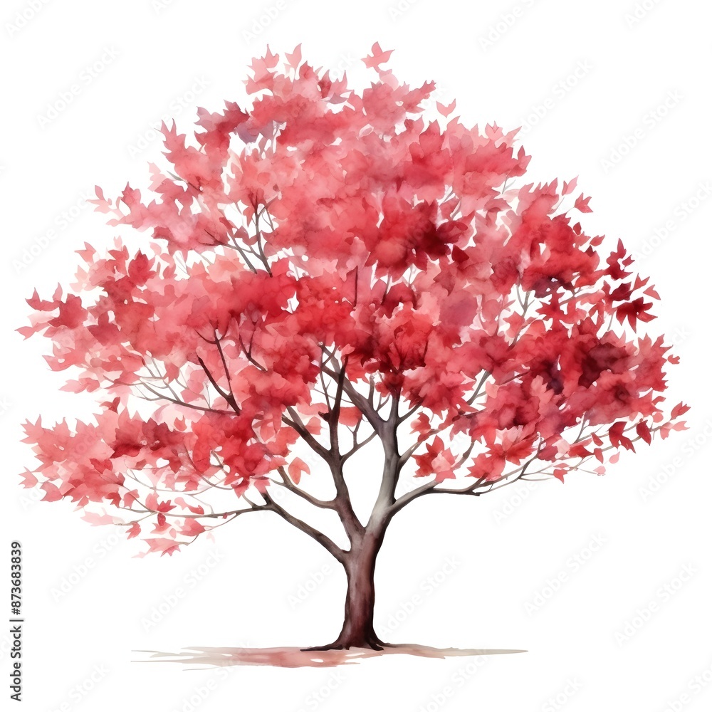Fototapeta premium Vibrant Dogwood Tree in Autumn with Red Watercolor Leaves on White Background
