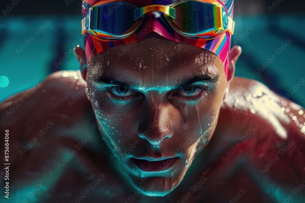 Dramatically lit from above, this striking portrait of an elite swimmer features glistening water droplets on chiseled features. Dramatically lit from above, this striking portrait of an elite swimmer features glistening water droplets on chiseled features.