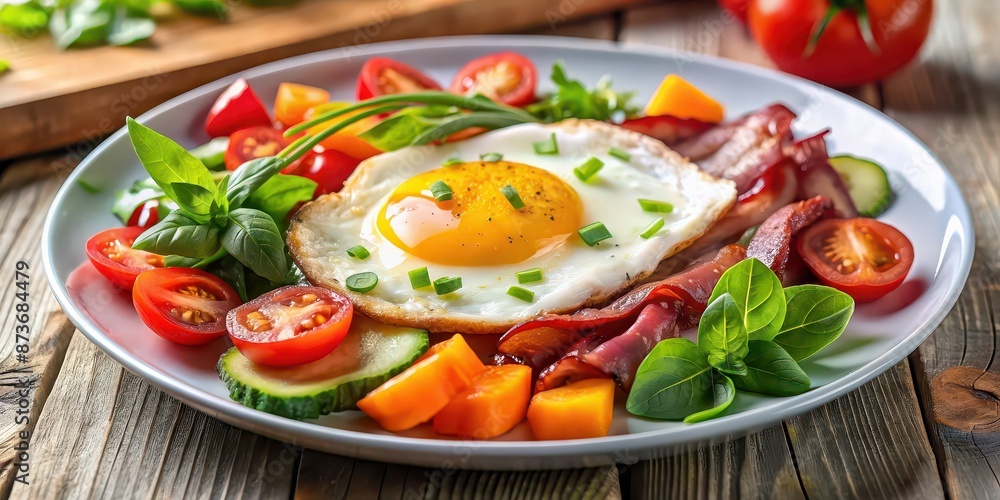 Egg with bacon and colorful vegetables on a plate , breakfast, brunch, scrambled eggs, bacon strips, bell peppers Egg with bacon and colorful vegetables on a plate , breakfast, brunch, scrambled eggs, bacon strips, bell peppers