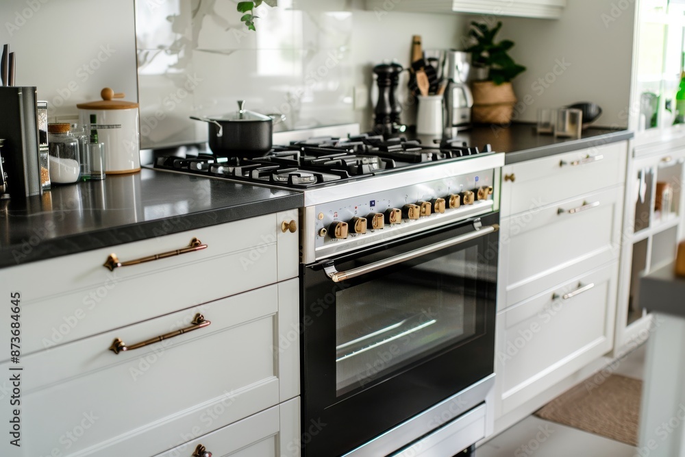 Modern white kitchen interior with black built in oven and stainless steel appliances Modern white kitchen interior with black built in oven and stainless steel appliances