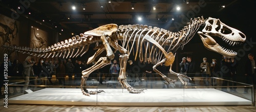 A large dinosaur skeleton is walking across a desert