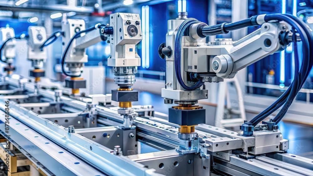 High-speed camera capturing robotic actuators in precise motion assembling mechanical components High-speed camera capturing robotic actuators in precise motion assembling mechanical components