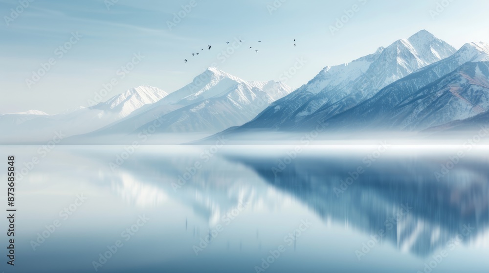 A serene winter landscape with snow-capped mountains and a calm lake reflecting the blue sky, birds flying over the horizon. A serene winter landscape with snow-capped mountains and a calm lake reflecting the blue sky, birds flying over the horizon.
